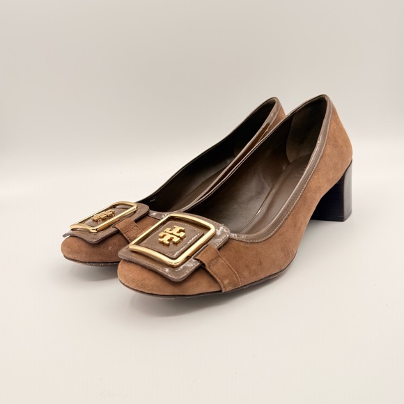 Tory Burch Shoes - Tory Burch Brown Suede Block Heel Pumps Gold Logo Buckle Classic Size 11